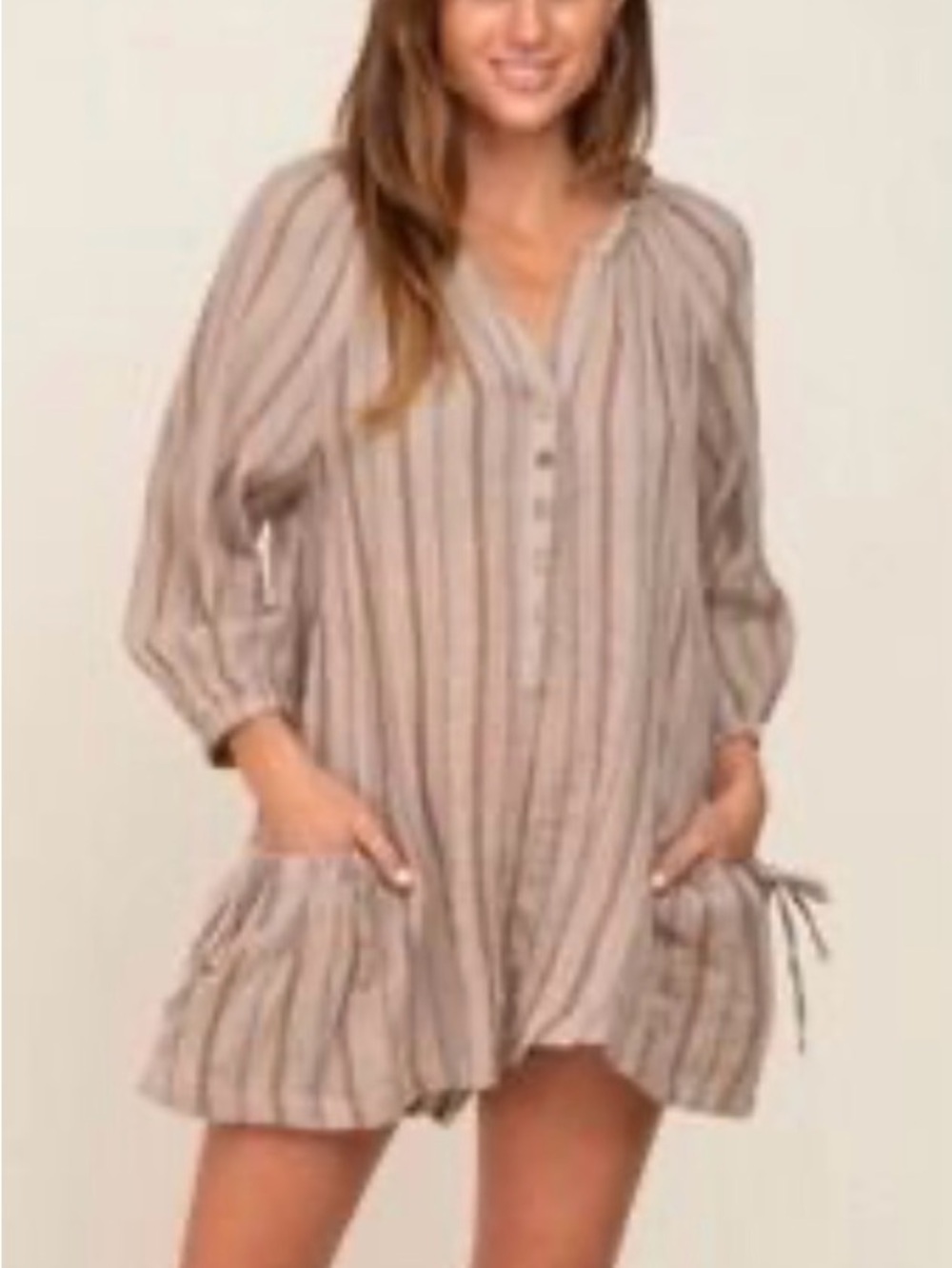 “Shop Neighbor- By In The Beginning” Striped Beige Peasant Mini Romper